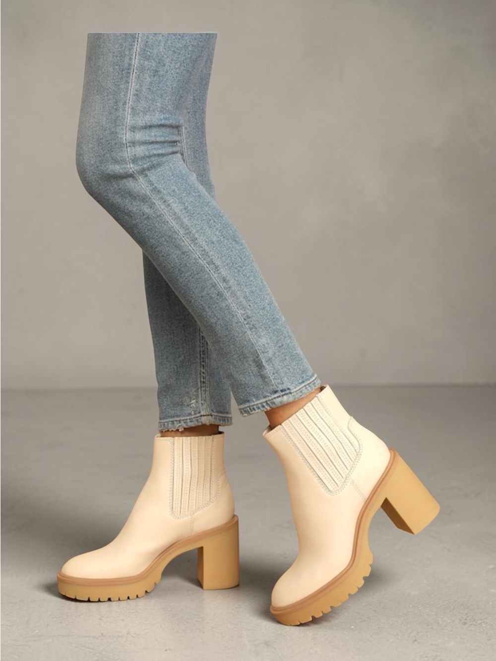 Dolce Vita Caster H20 Lug Sole Chelsea Heeled Booties in ivory leather, size 9.5